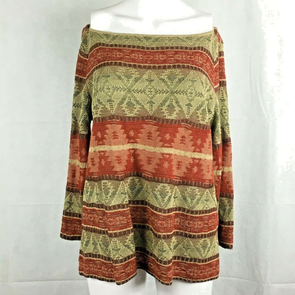 Lauren Jean Co Sweater Womens Sz L‎ Beige Red Linen Boat Neck Top Aztec Indian